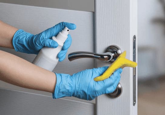 una donna pulisce la maniglia di una porta
